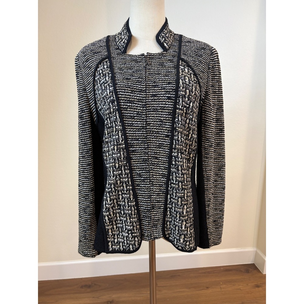 Ming Wang Jacket Med Black White Zip Front Knit Sapphire Blazer Career Luxury